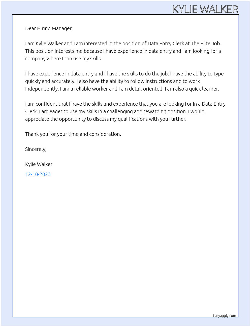 Data Entry Clerk At The Elite Job Cover Letter