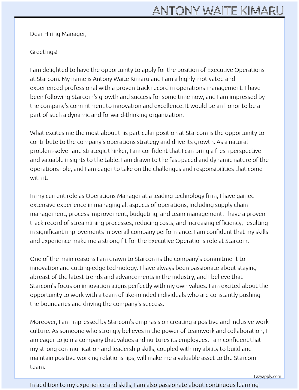 Executive Operations At Starcom Cover Letter