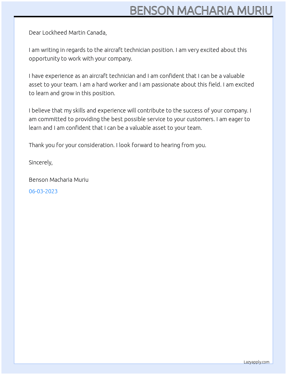 aircraft technician At Lockheed Martin canada Cover Letter