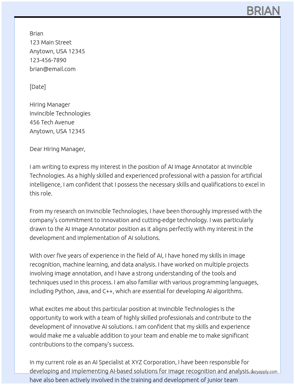 AI Image Annotator At Invincible technologies Cover Letter