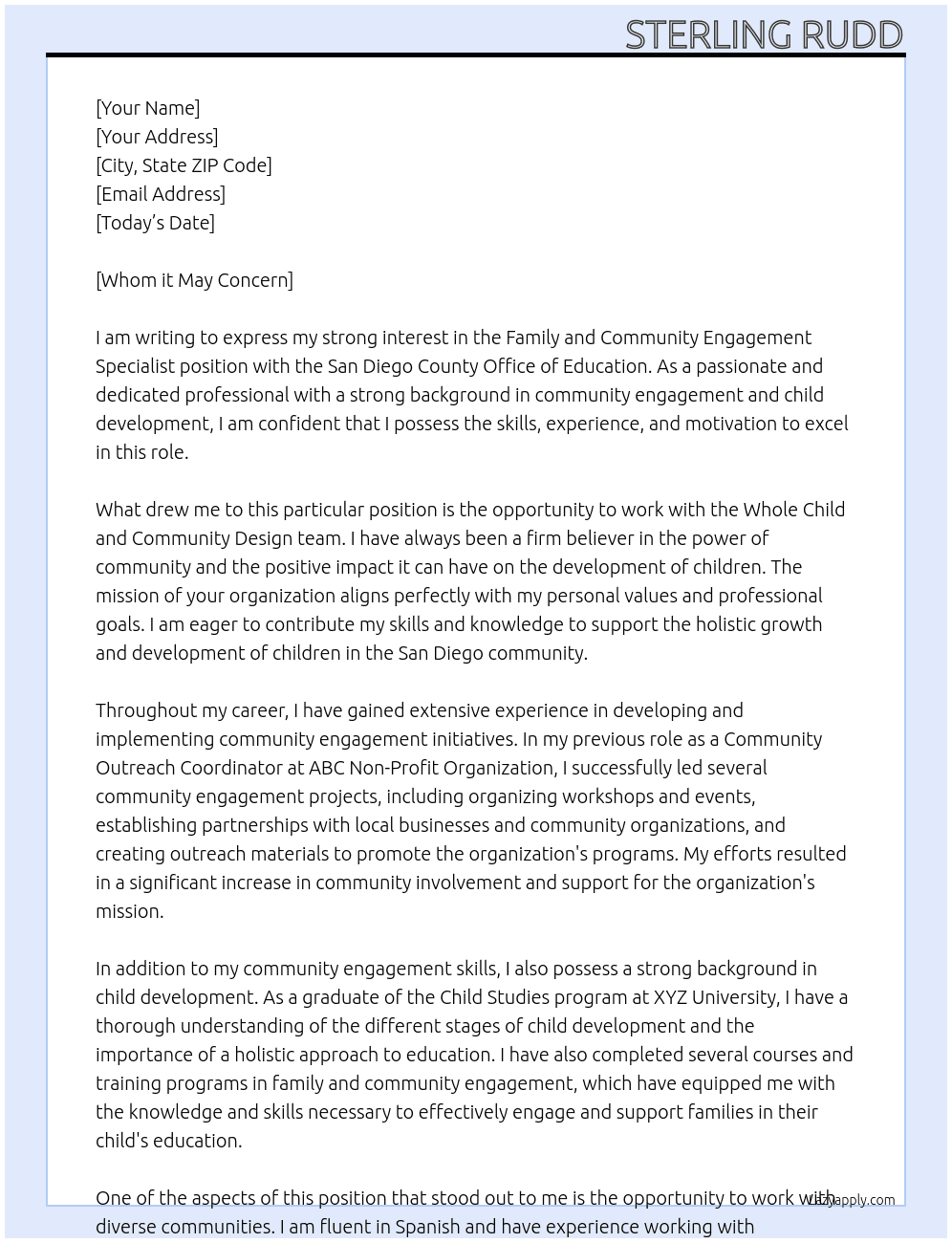 Family and Community Engagement Specialist, Whole Child and Community Design At San Diego County Office of Education Cover Letter