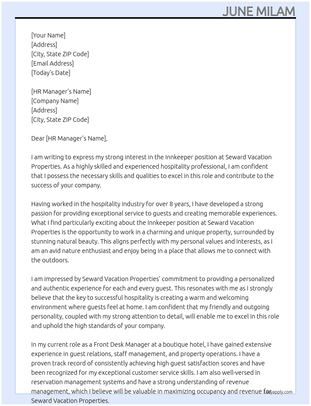 Innkeeper At Seward Vacation Propertie Cover Letter