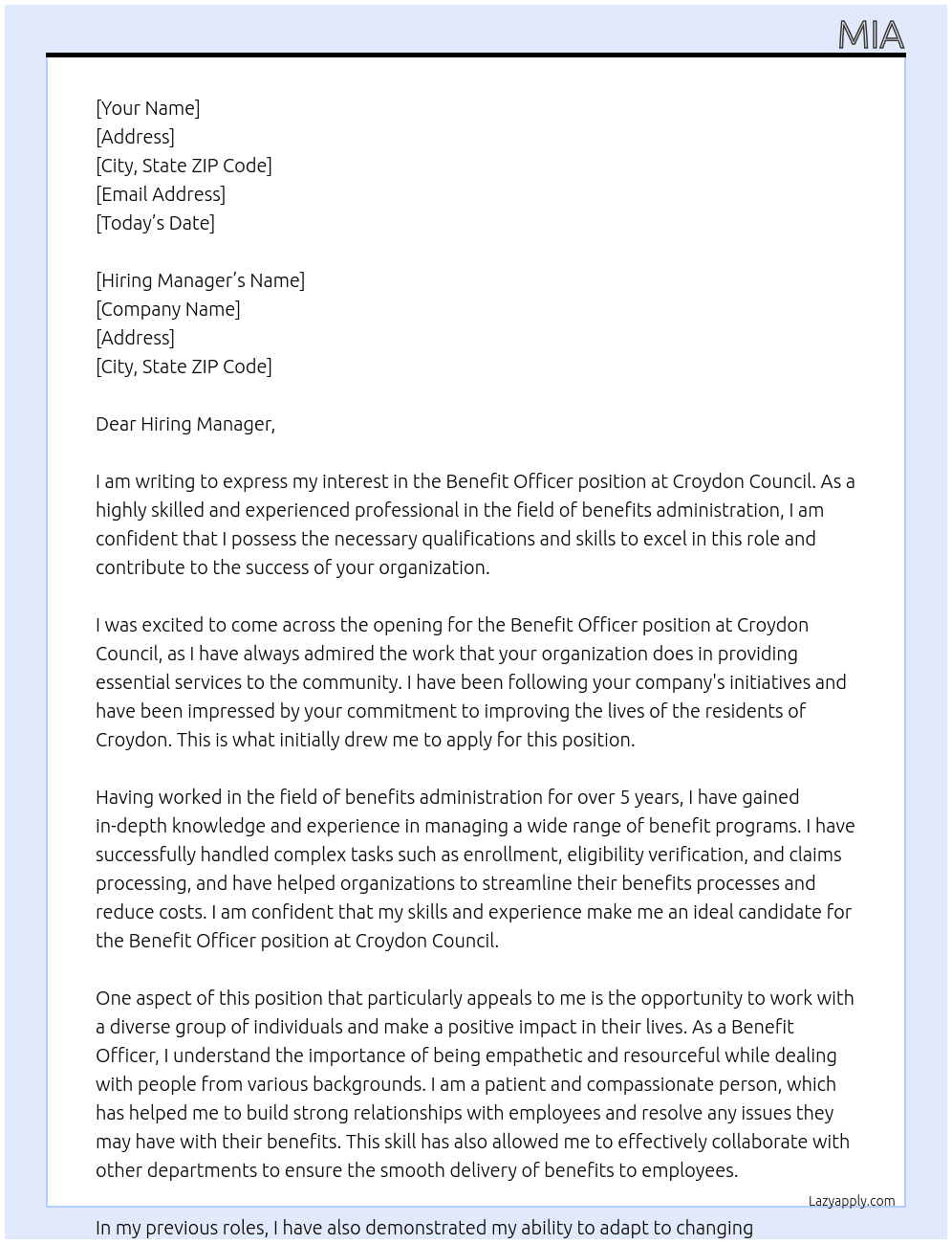 Benefit Officer  At Croydon Council  Cover Letter