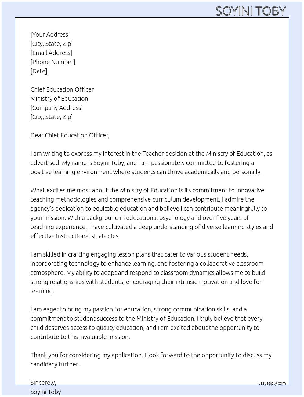 Teacher  At Ministry of Education  Cover Letter