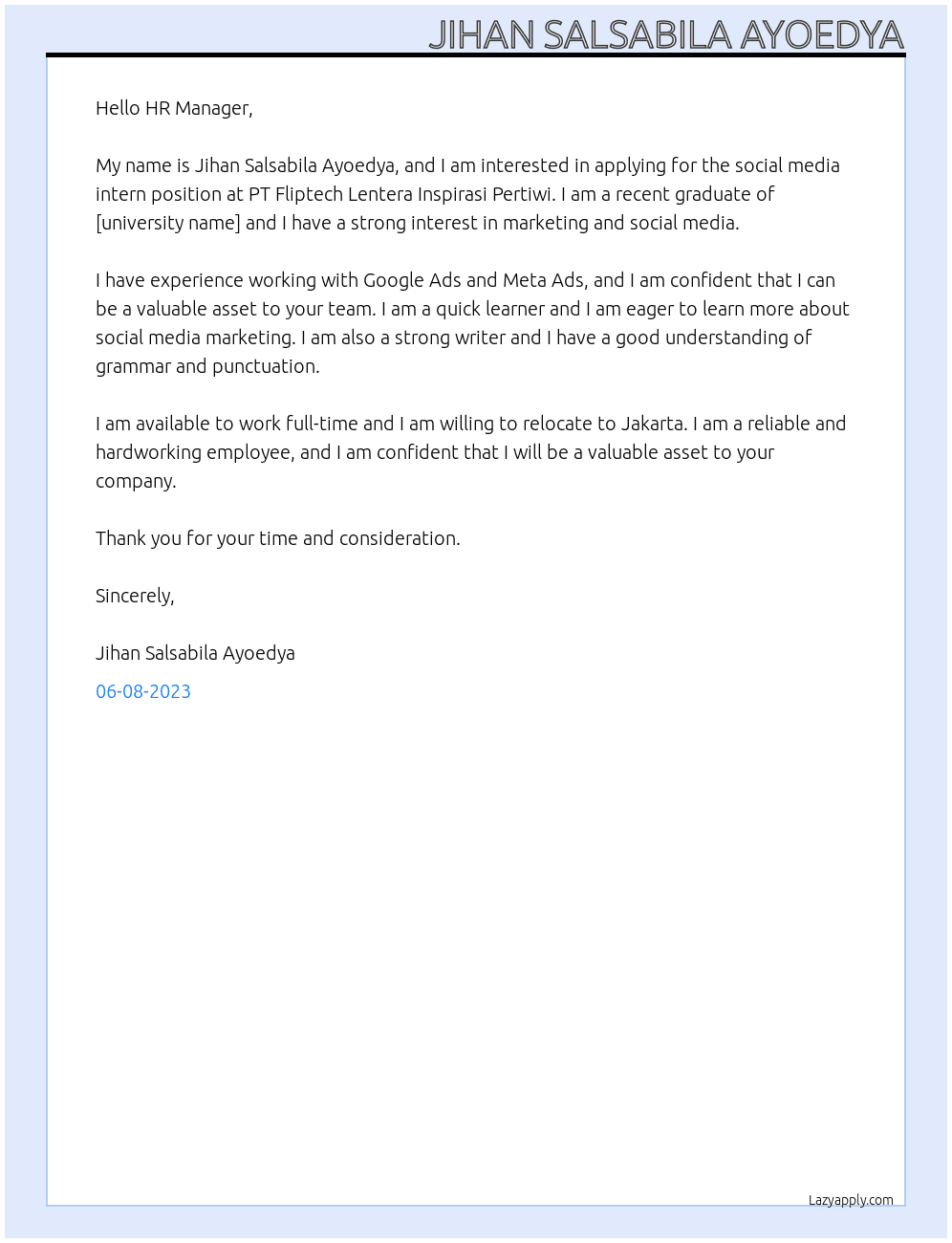 social media intern At PT Fliptech Lentera Inspirasi Pertiwi Cover Letter