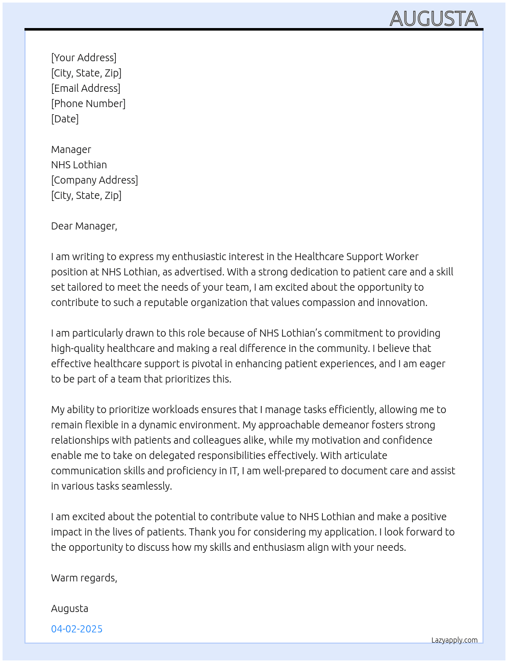 Healthcare support worker At NHS Lothian  Cover Letter