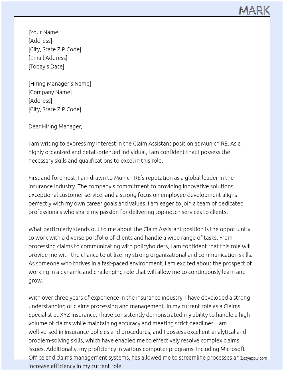 Claim Assistant At Munich RE Cover Letter