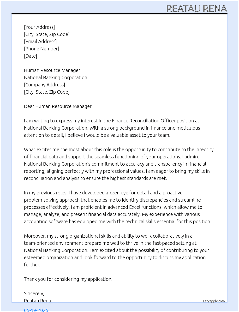 Finance Reconciliation Officer At National Banking Corporation Cover Letter