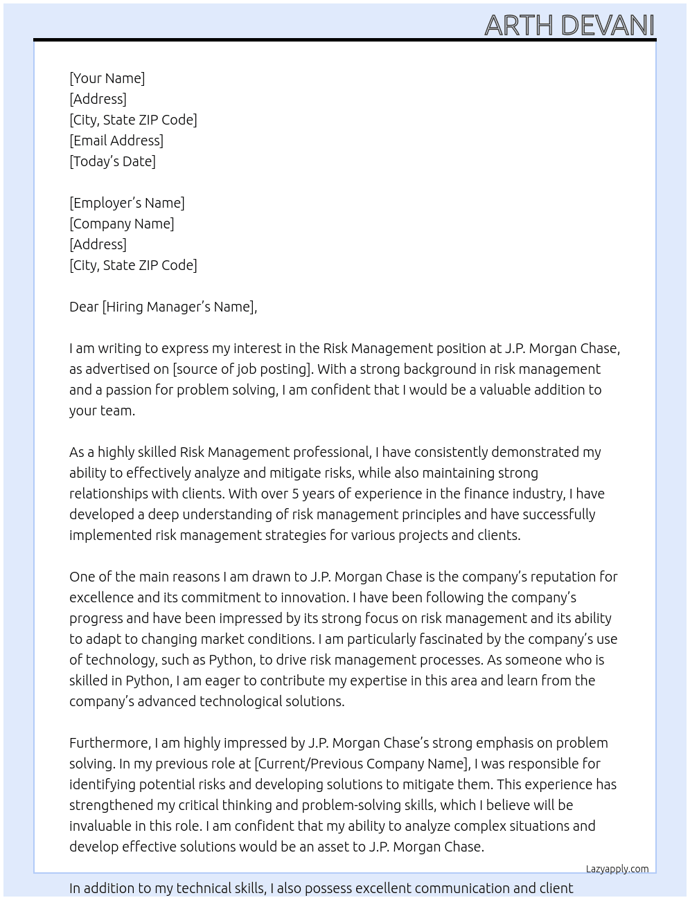 Risk Management At J.P. Morgan Chase Cover Letter