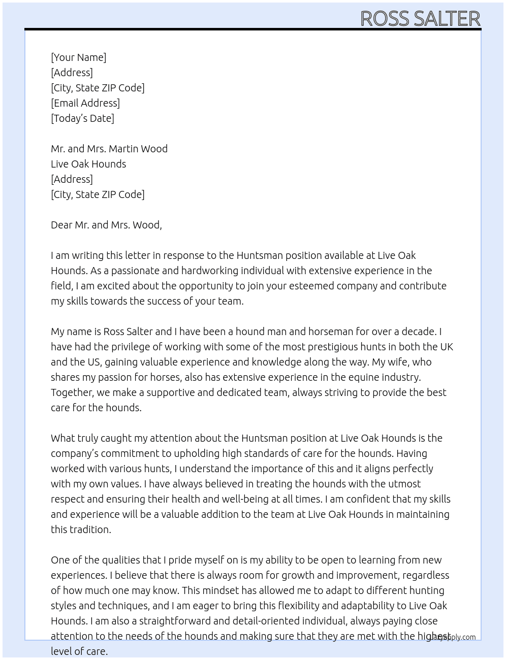 Huntsman  At Live Oak Hounds Cover Letter