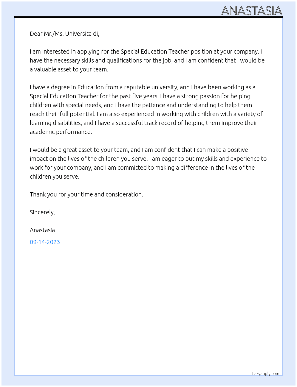 Special Education Teacher At Universita di Cover Letter