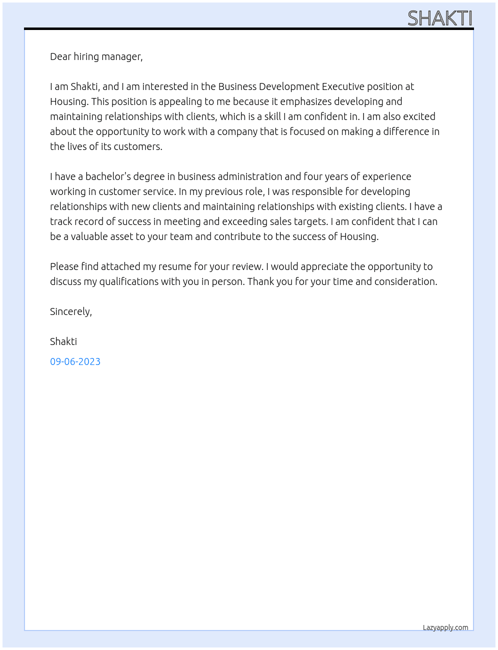 Business Development Executive  At Housing Cover Letter
