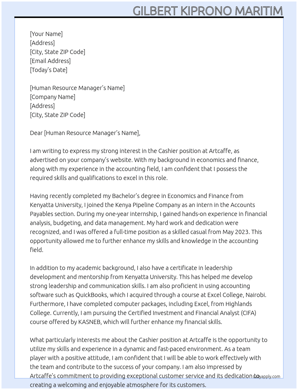 CASHIER At ARTCAFFE Cover Letter
