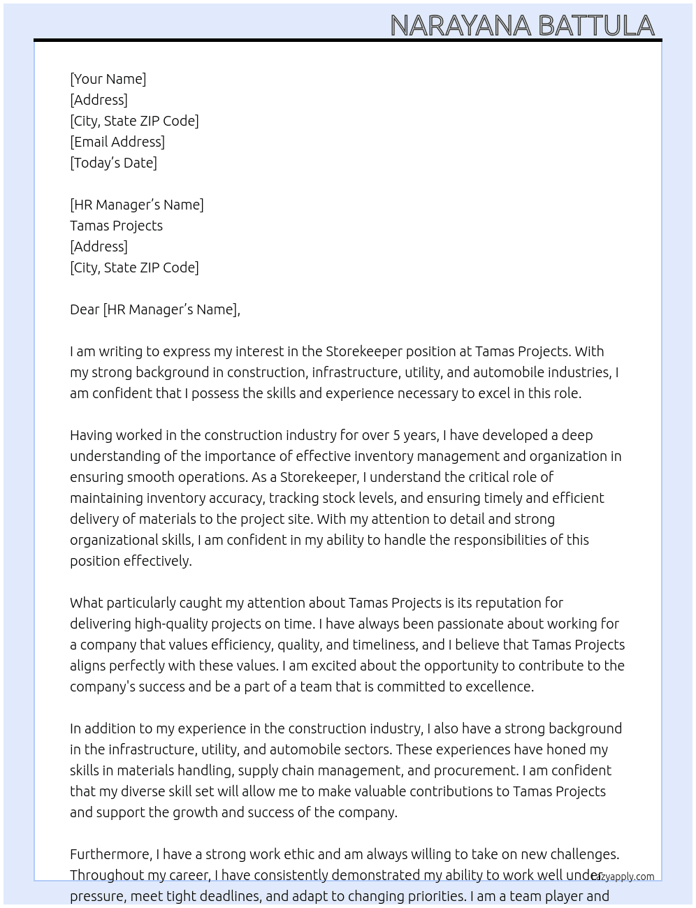 Storekeeper  At Tamas projects  Cover Letter