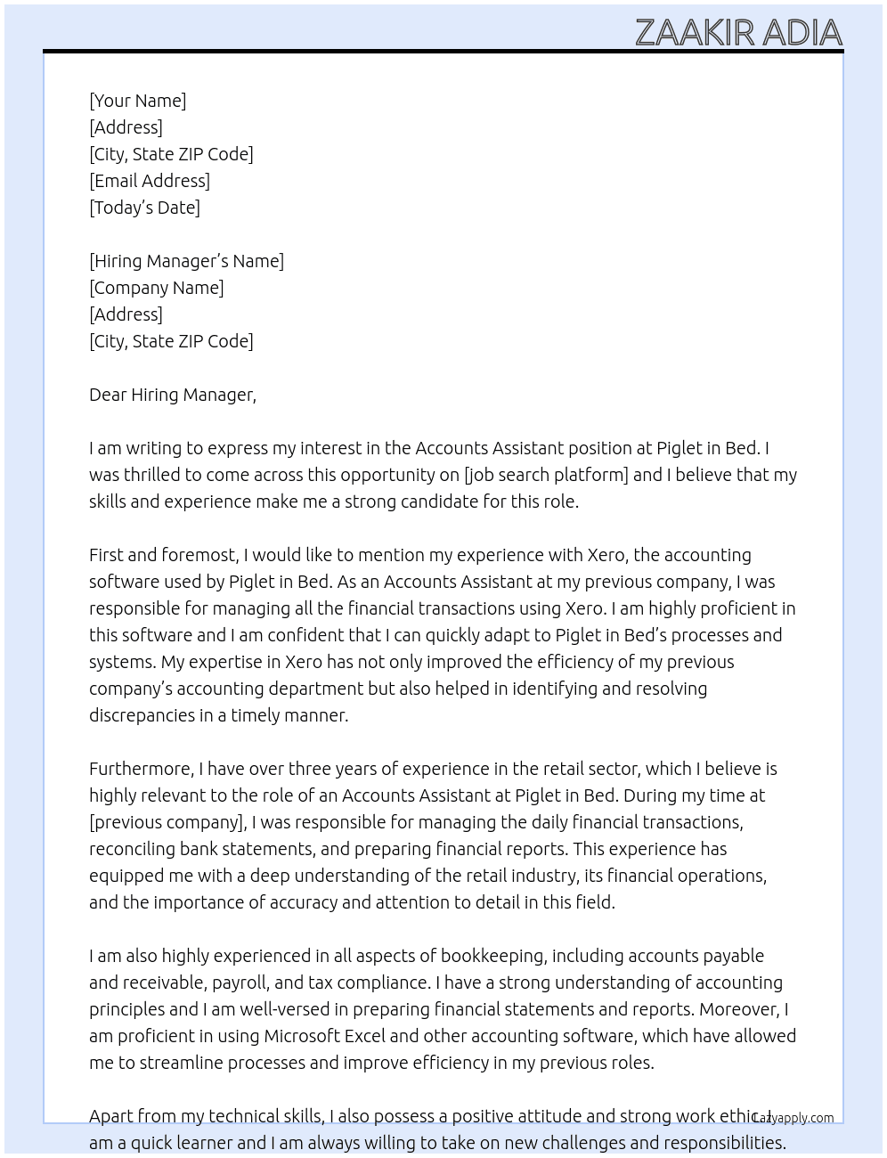 Accounts Assistant At Piglet in Bed Cover Letter