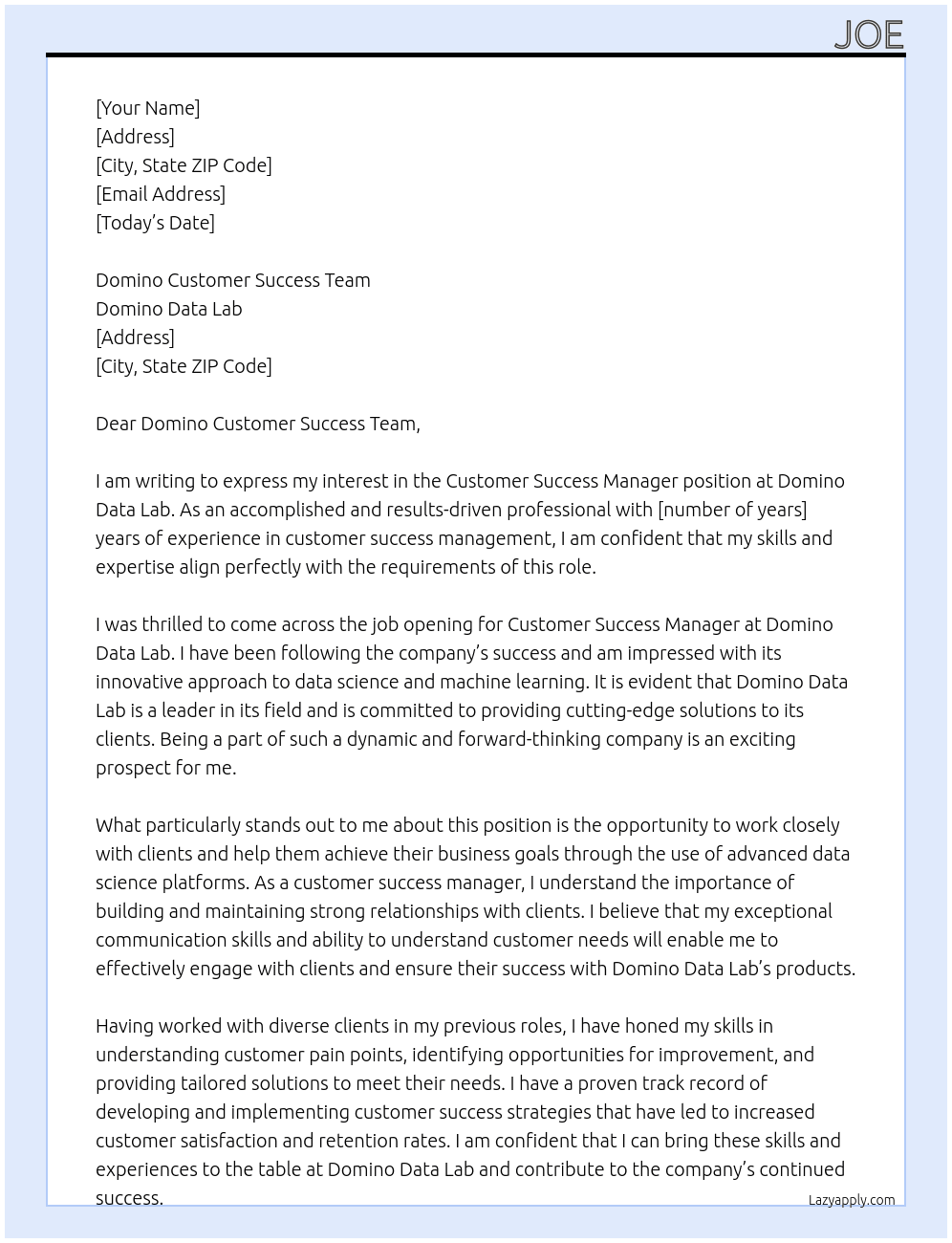 Customer Success Manager At Domino Data Lab Cover Letter