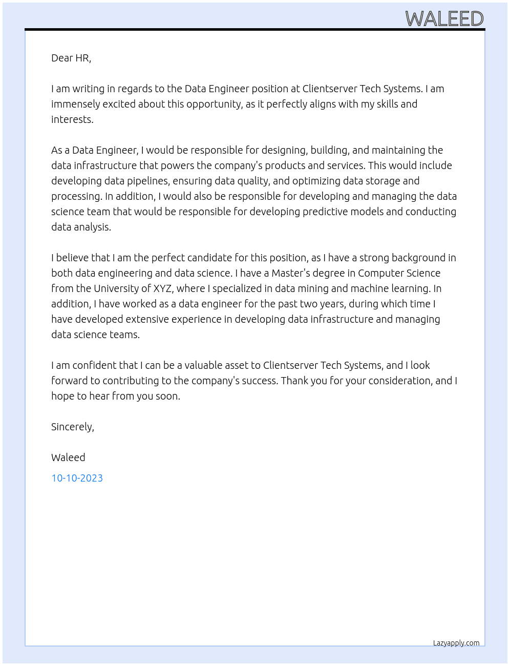 Data Engineer At Clientserver Tech Systems Cover Letter