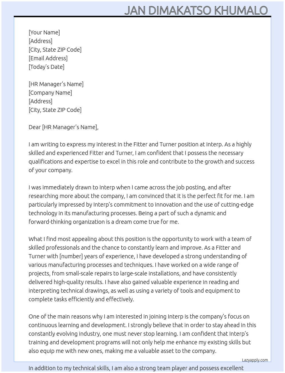 Fitter and Turner  At Interp  Cover Letter