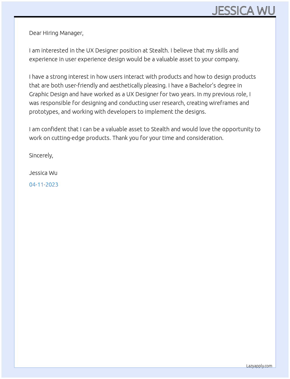 UX Designer At Stealth, a startup Cover Letter