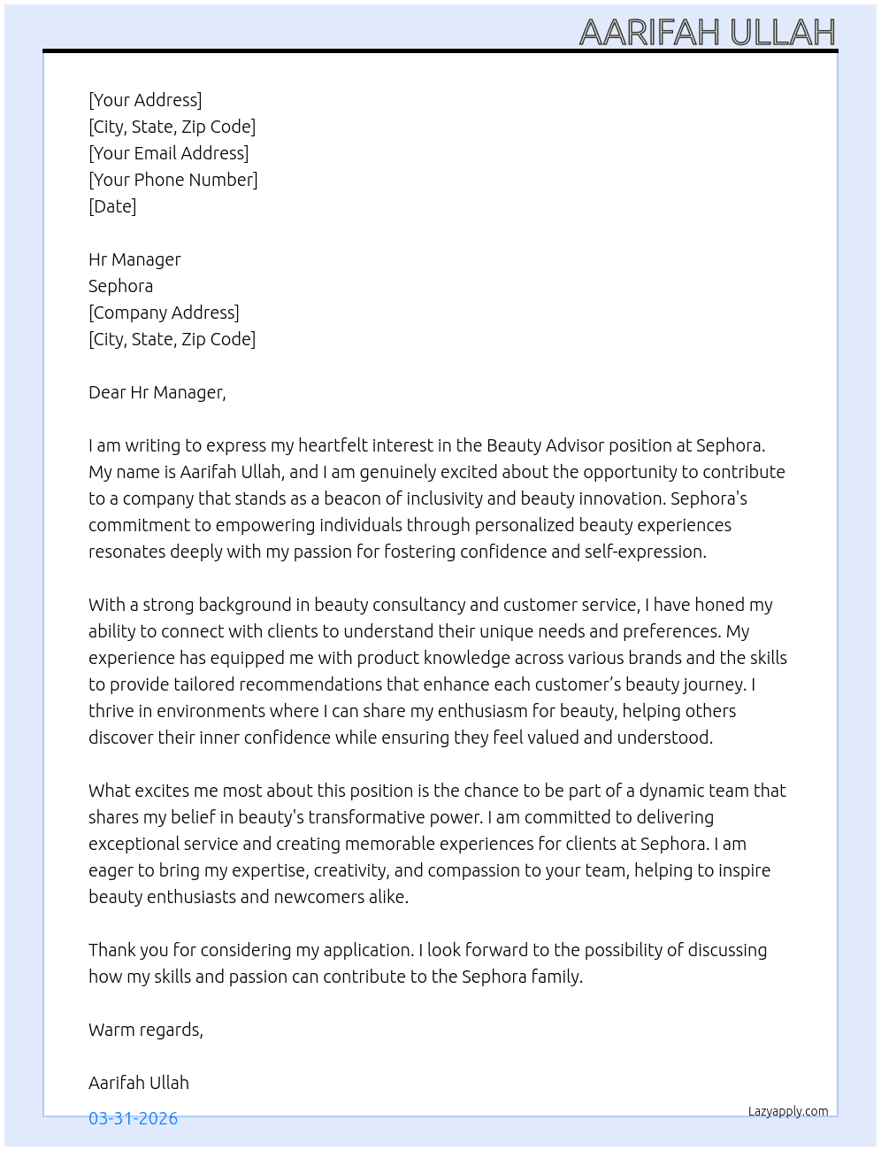 Beauty Advisor At Sephora  Cover Letter