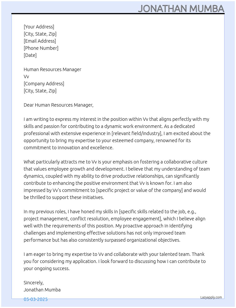 General letter At Vv Cover Letter