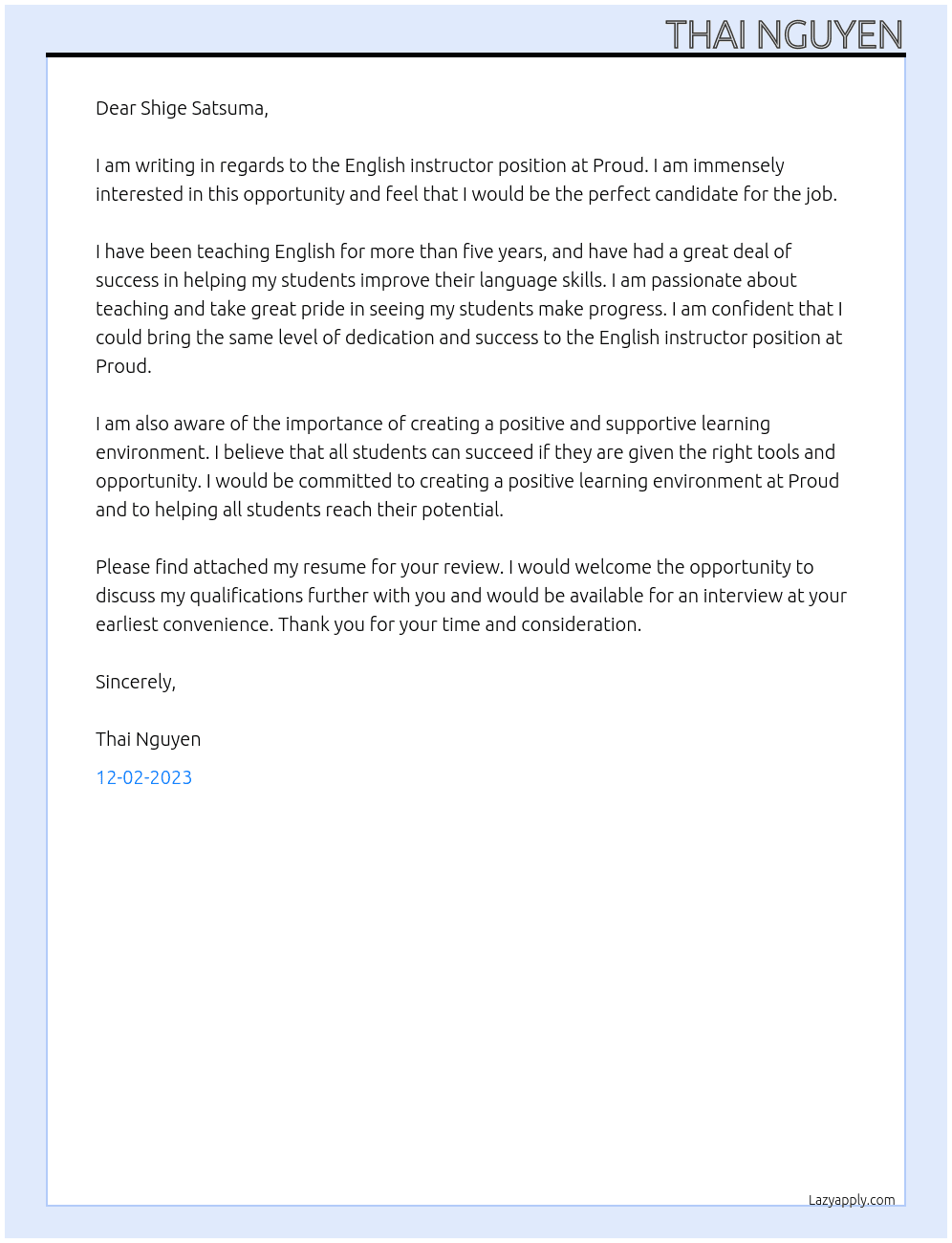 English instructors At proud Cover Letter