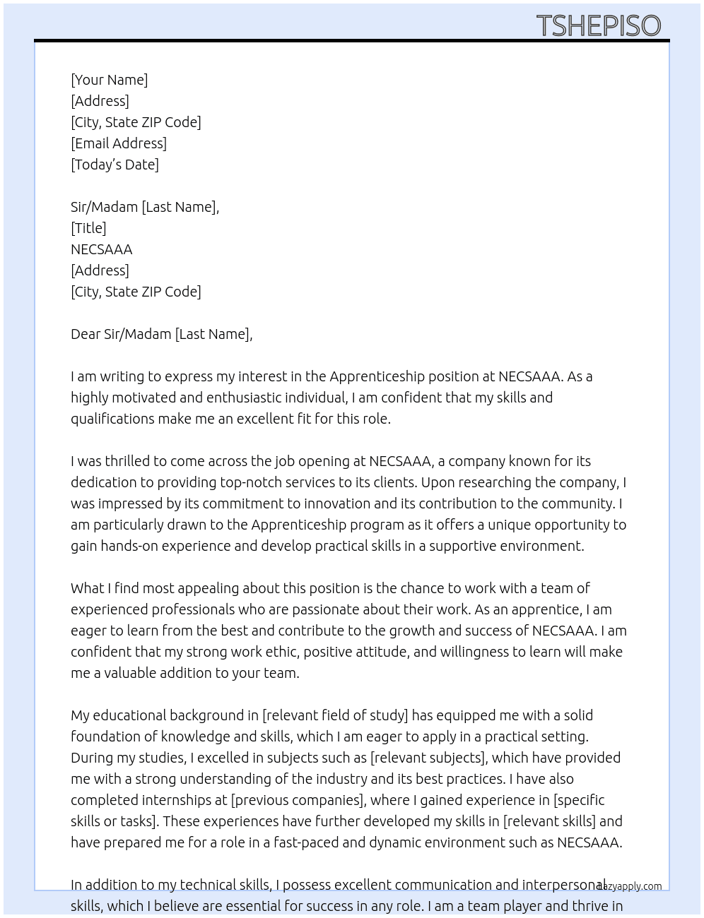 Apprenticeship  At necsaaa Cover Letter
