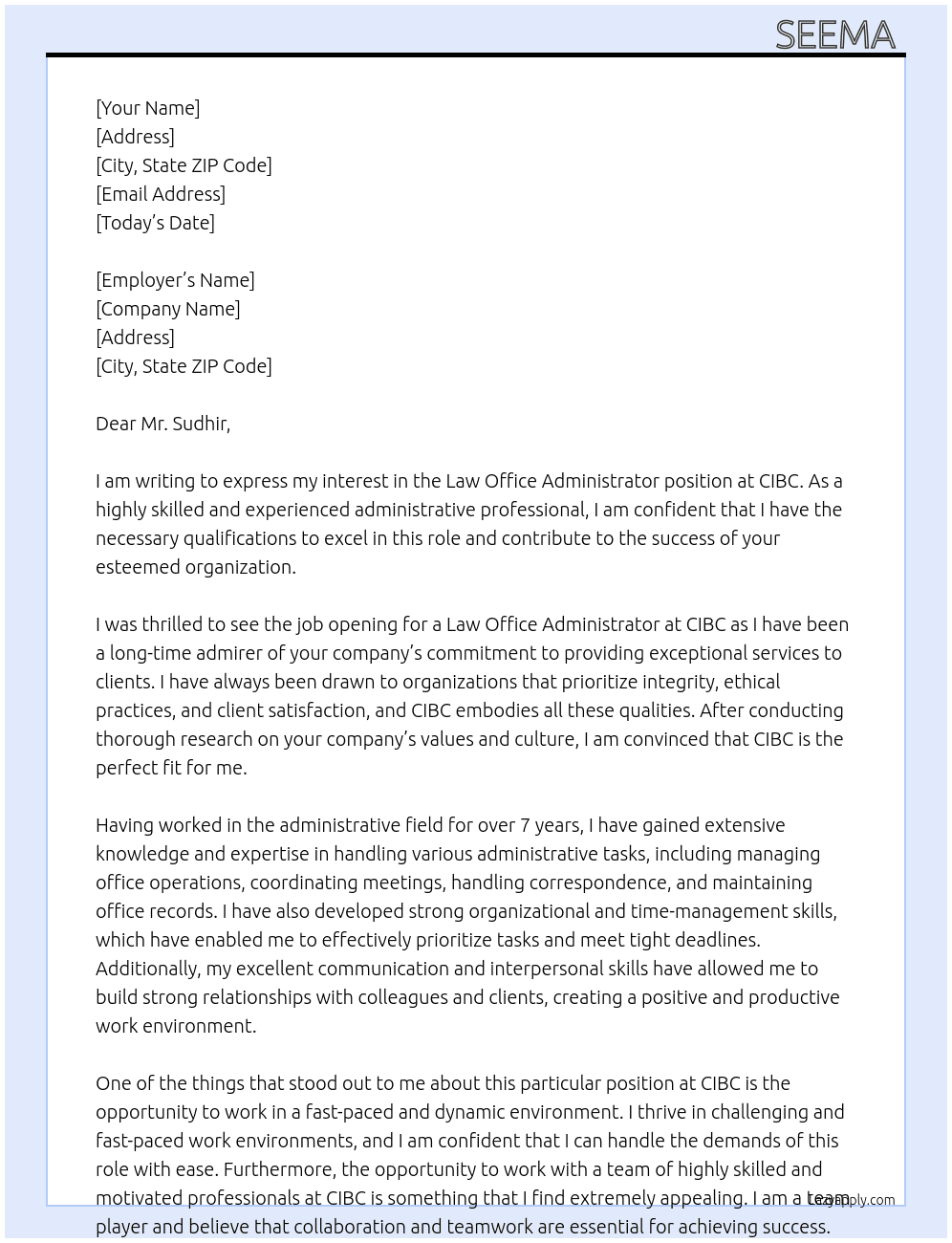 Law office administrator  At CIBC Cover Letter