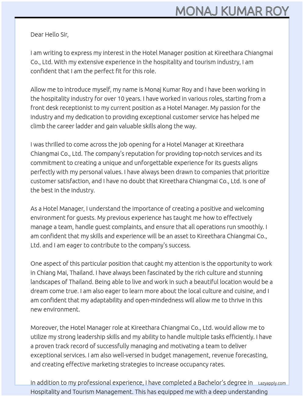 Hotel Manager At KIREETHARA CHIANGMAI CO., LTD Cover Letter