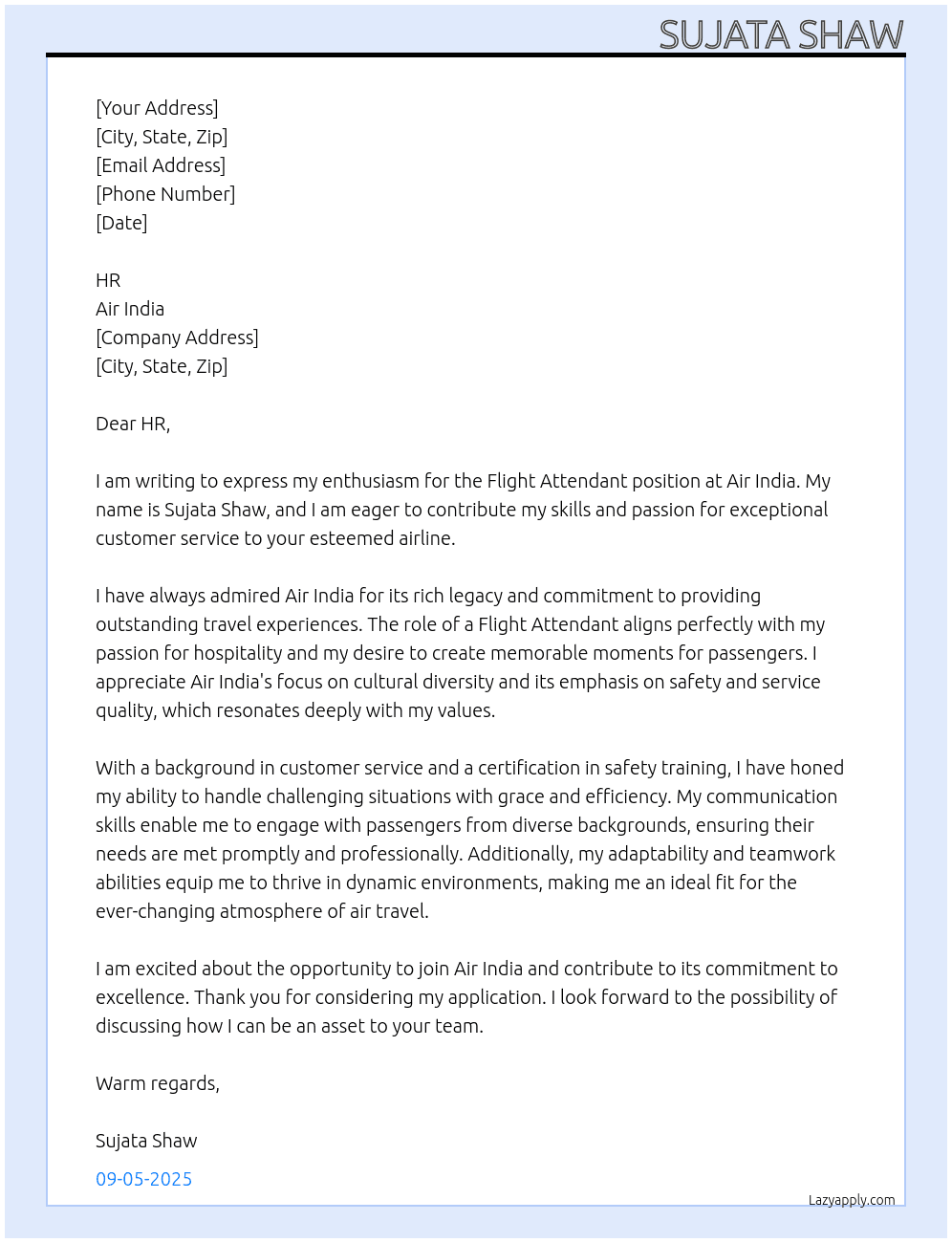 Flight Attendant At AIR INDIA Cover Letter
