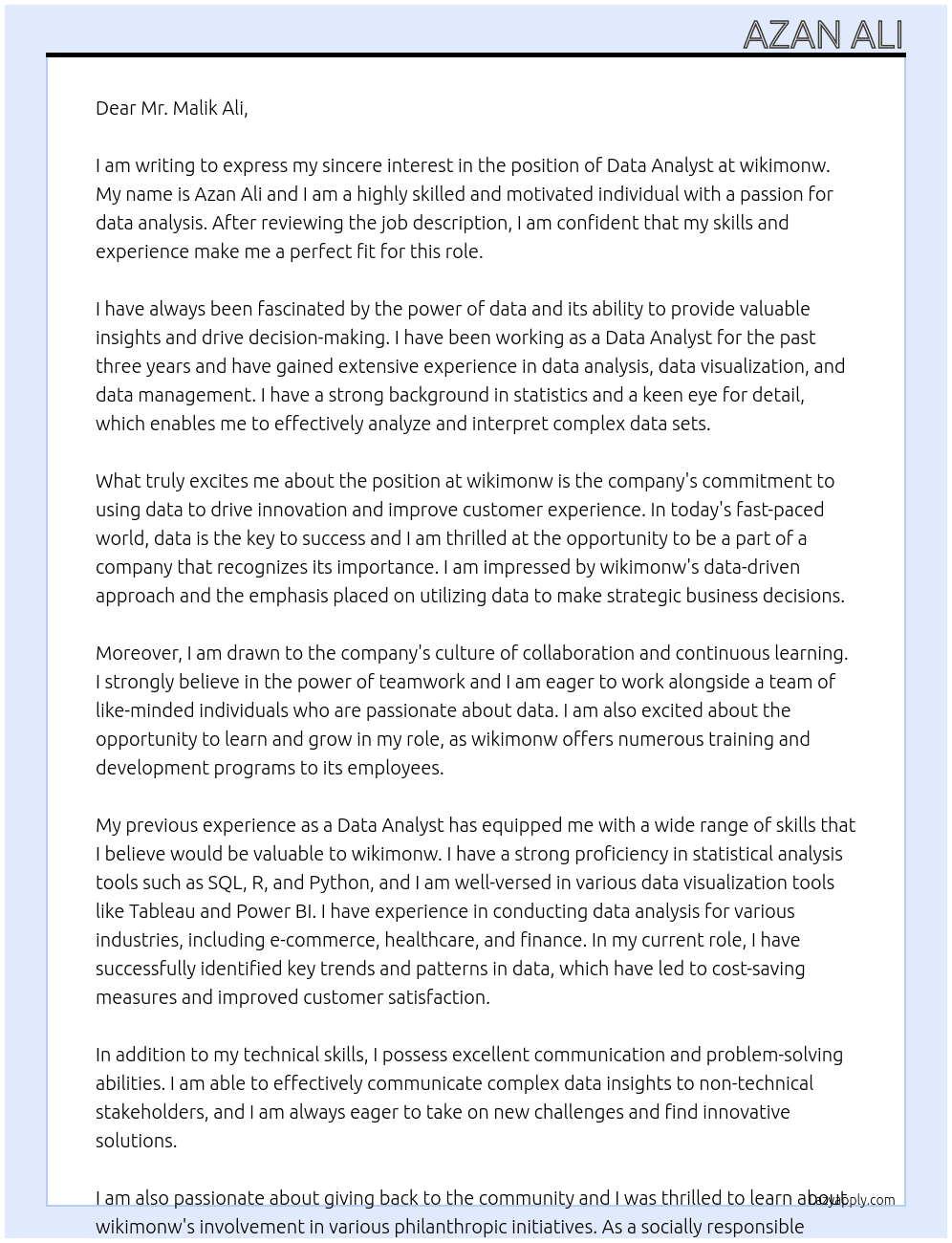 Data Analyst At wikimonw Cover Letter