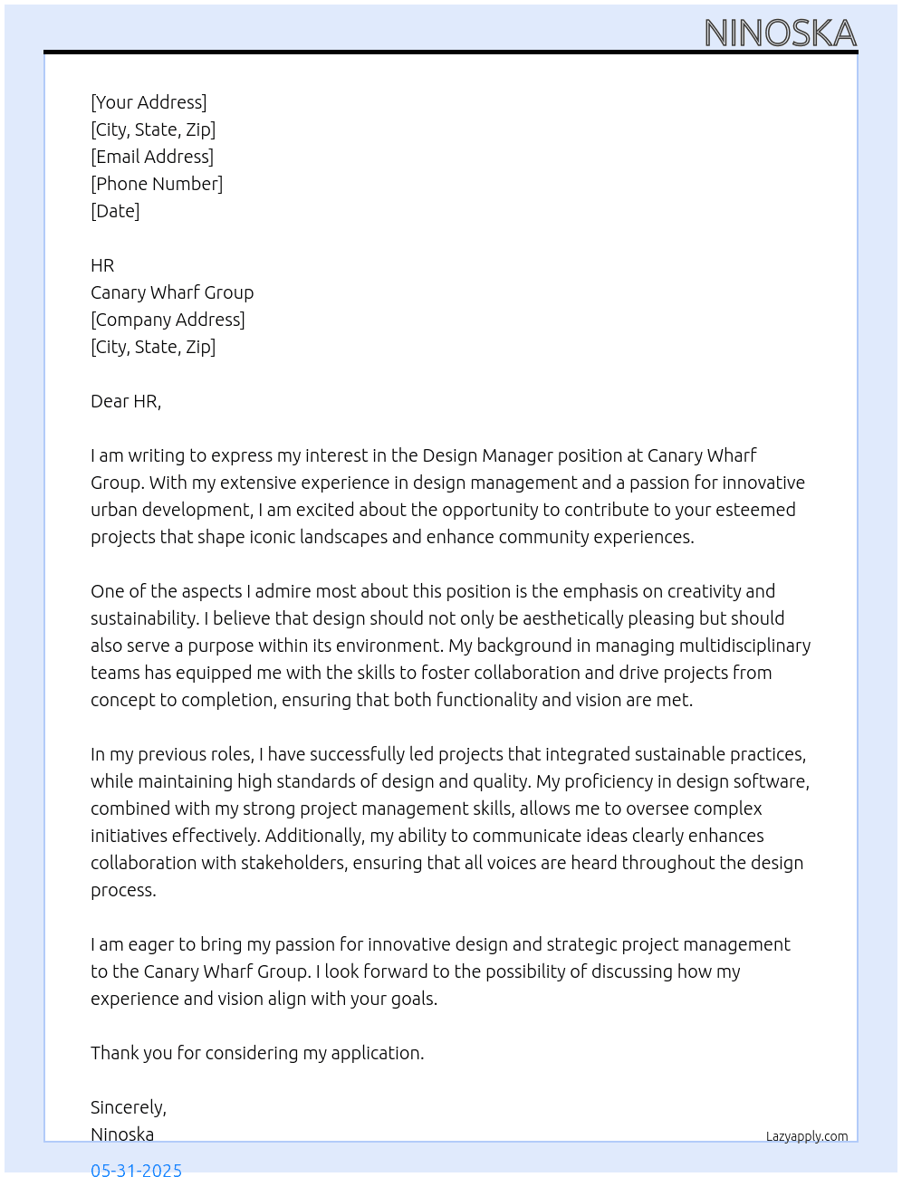 design manager At canary wharf group Cover Letter