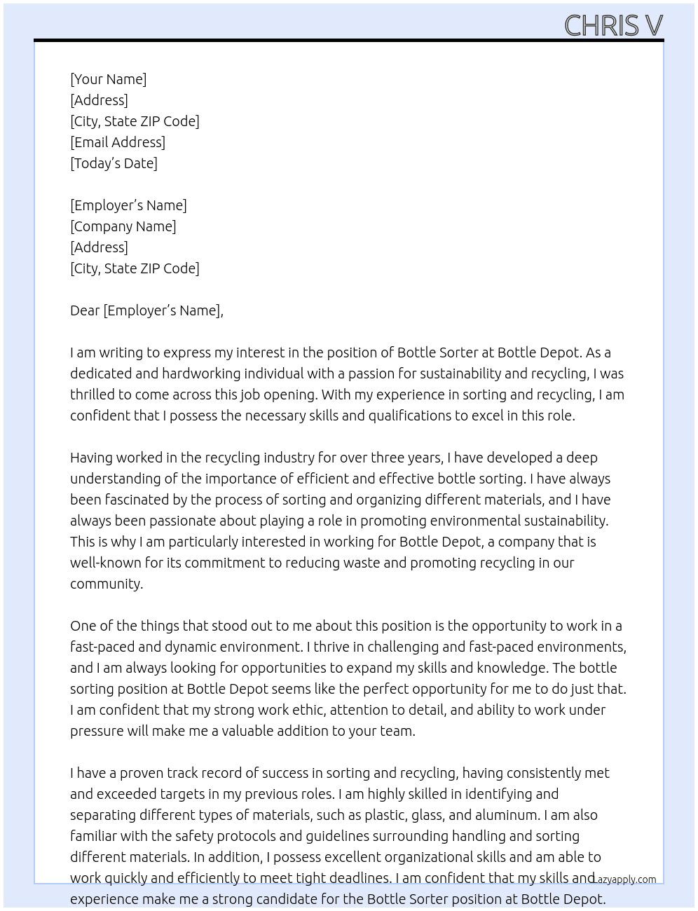 bottle sorter At bottle depot Cover Letter