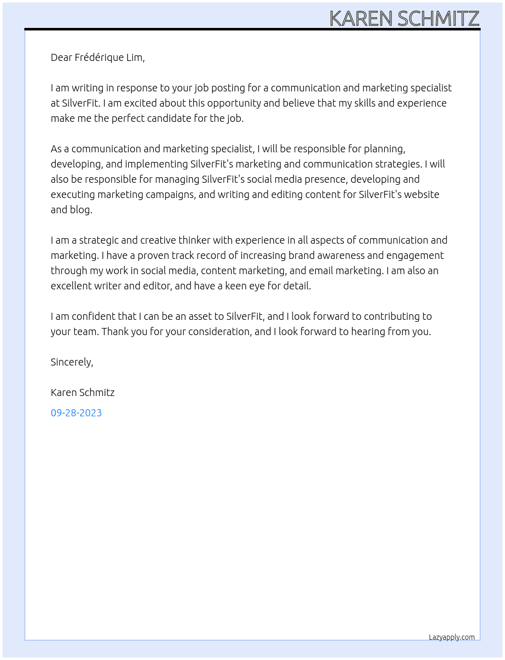 Communication and marketing specialist At SilverFit Cover Letter