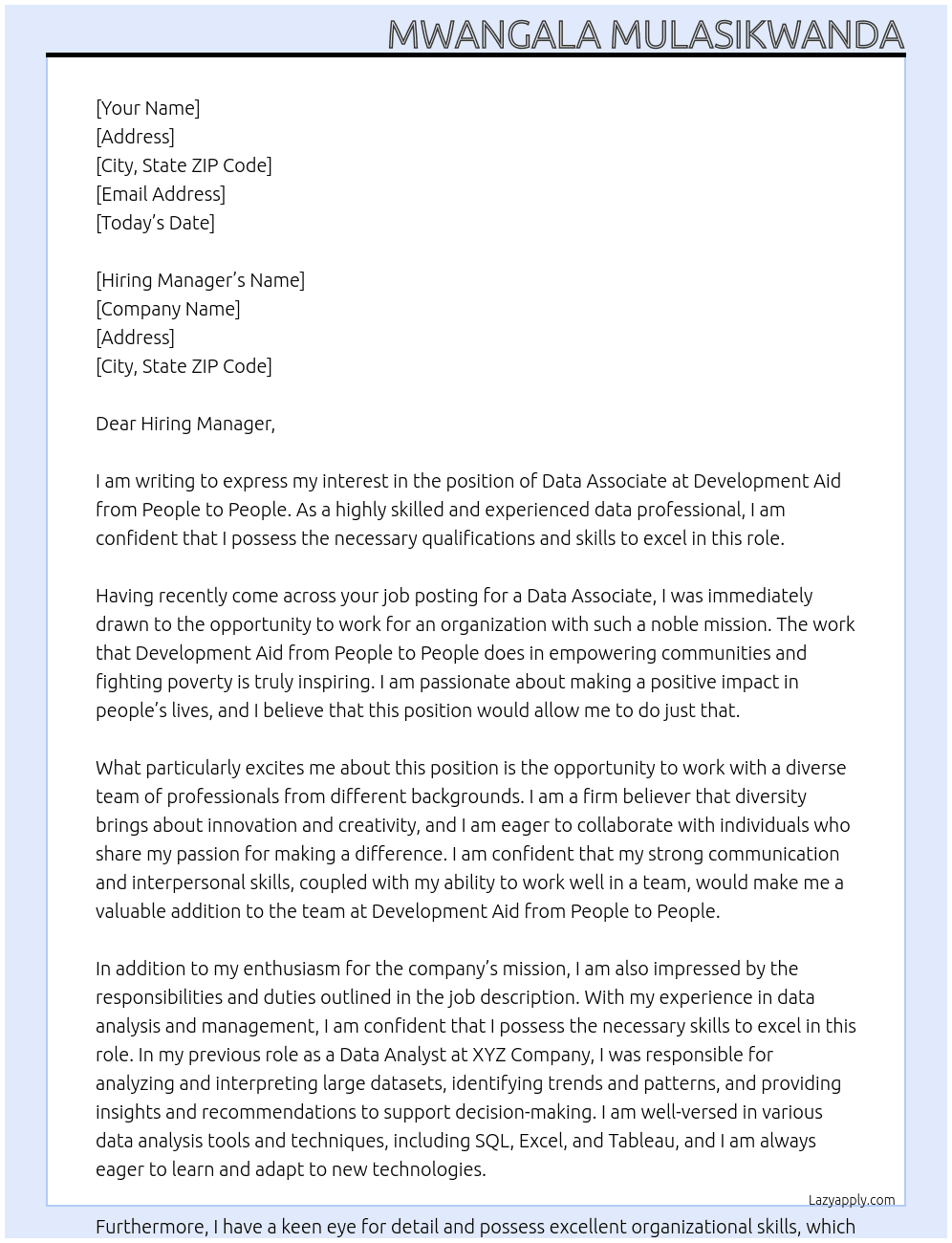 data associates At development Aid from people to people  Cover Letter