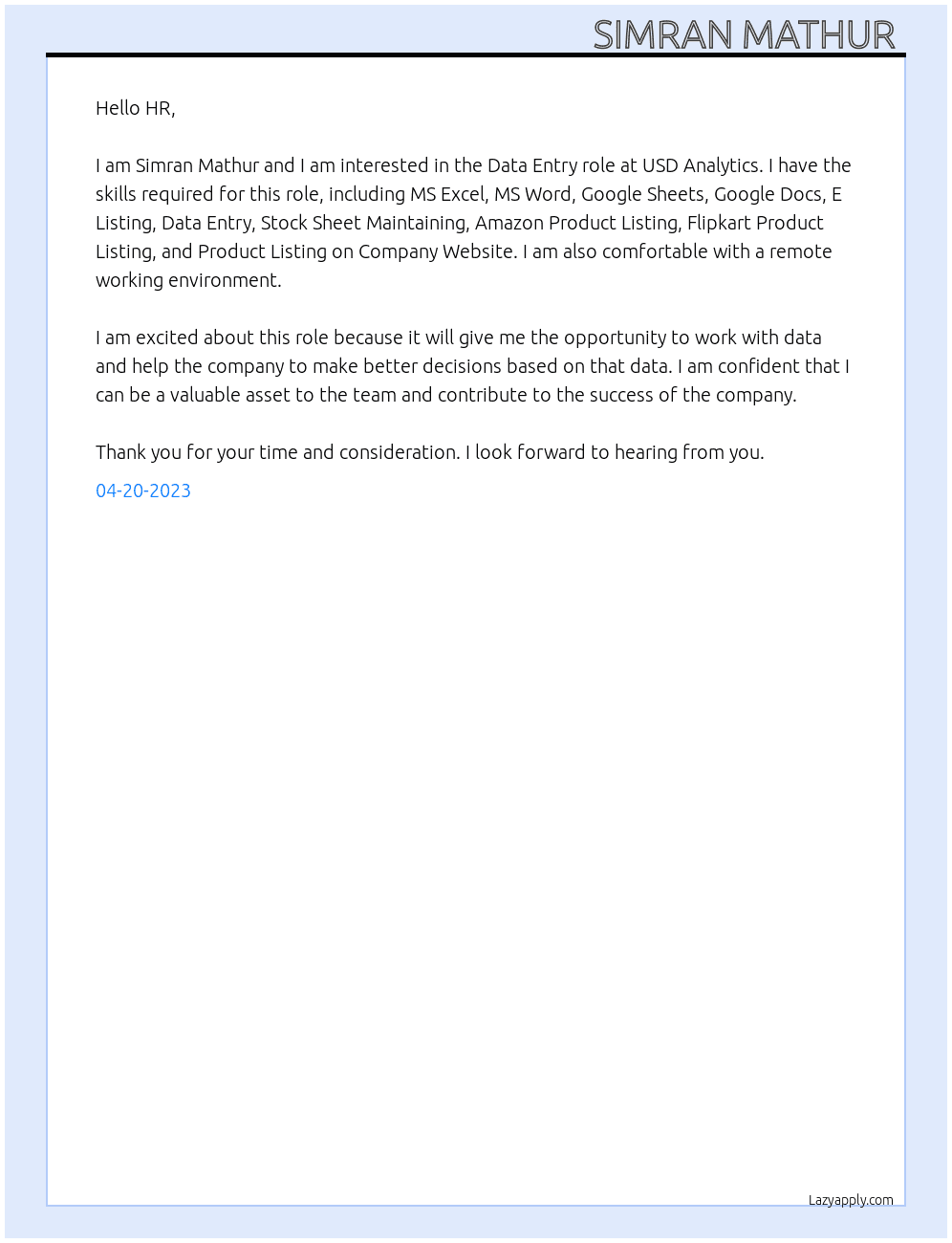 Data Entry At USD Analytics  Cover Letter