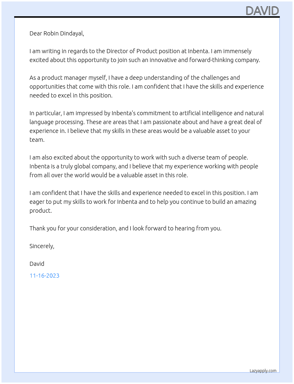 Director of Product At Inbenta Cover Letter