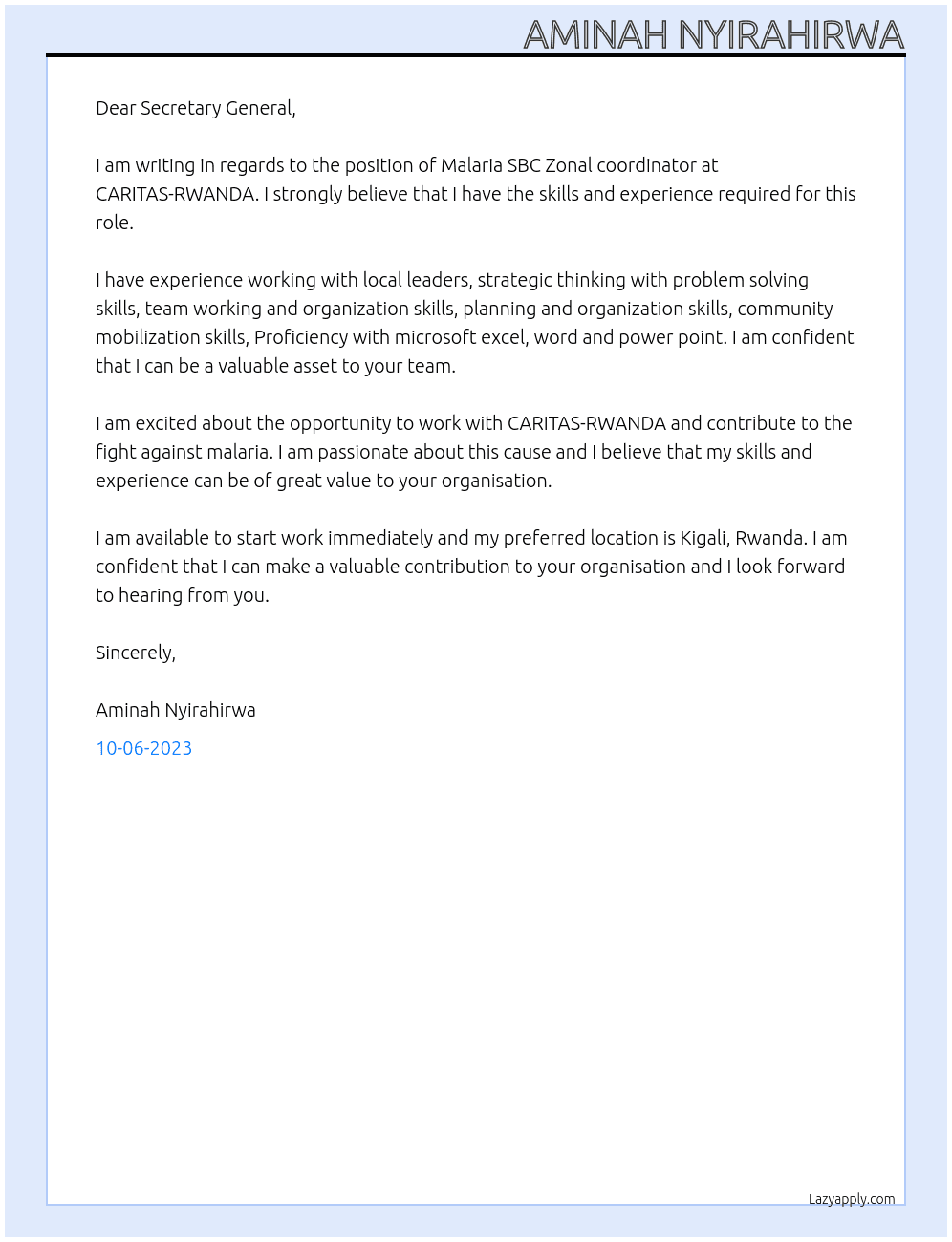 Malaria SBC Zonal coordinator  At CARITAS-RWANDA  Cover Letter