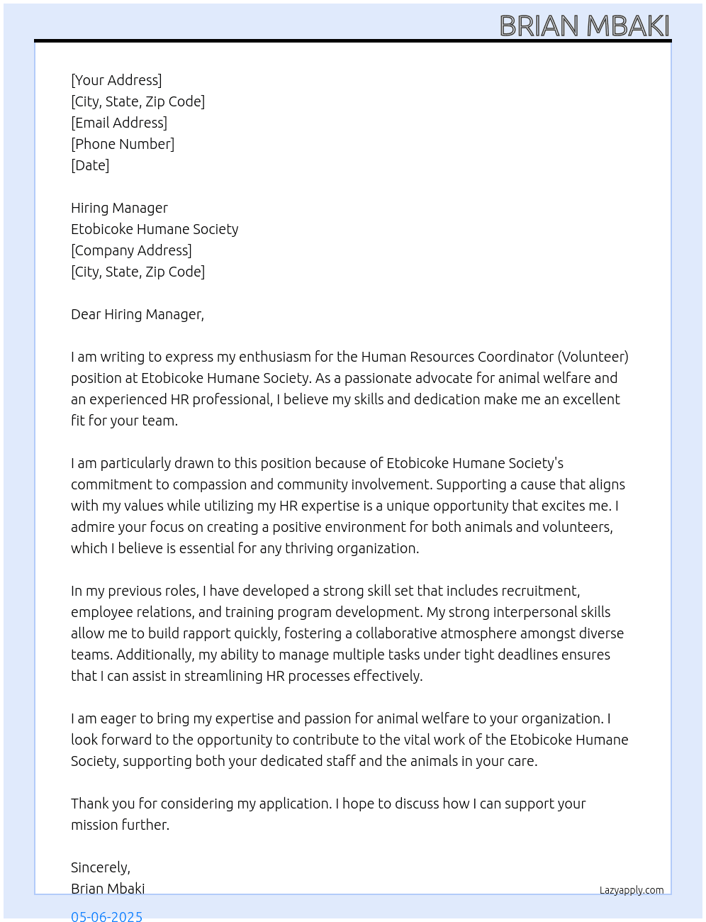 Human Resources Coordinator (Volunteer) At Etobicoke Humane Society Cover Letter