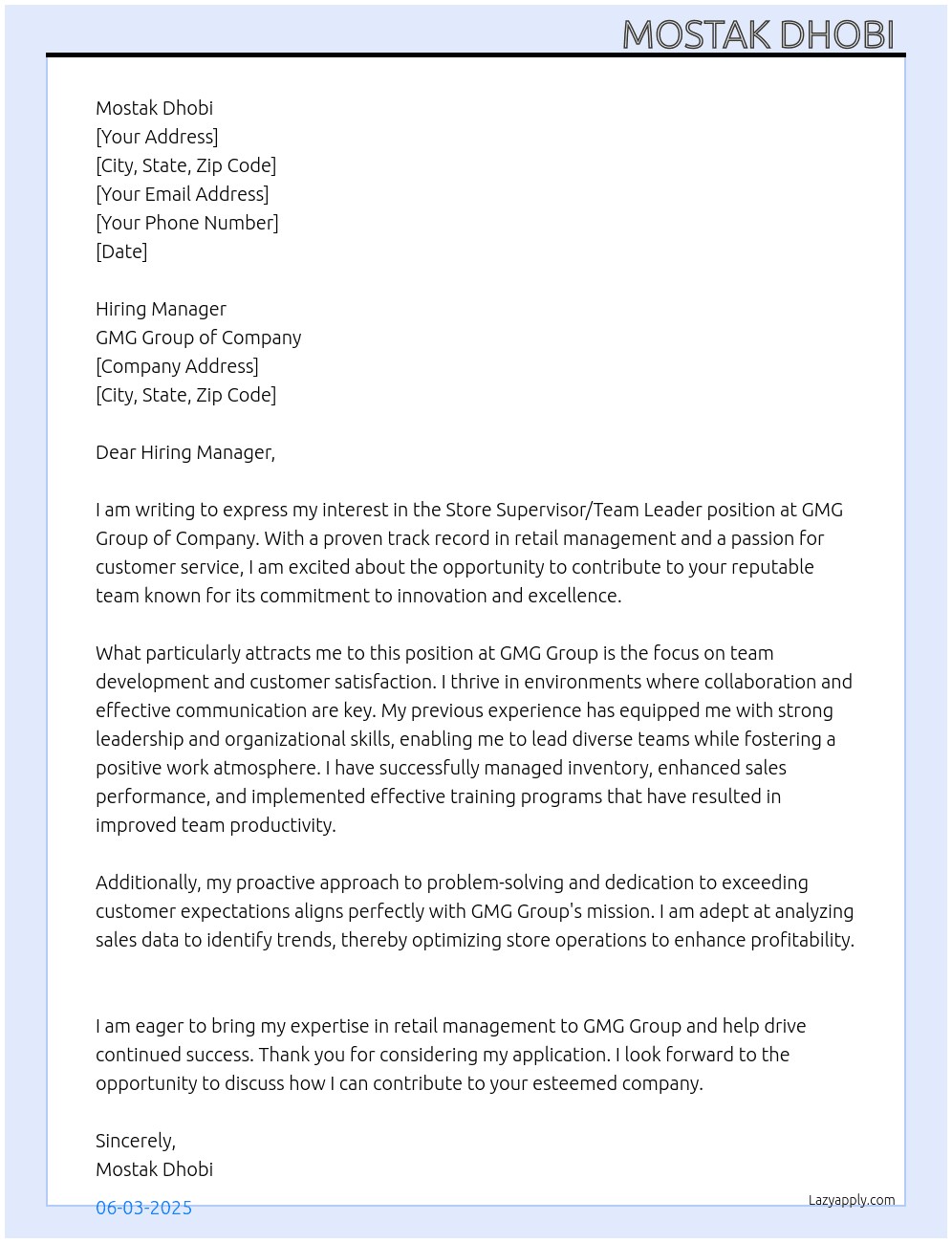 Store supervisor /Team leader  At GMG Group of Company Cover Letter