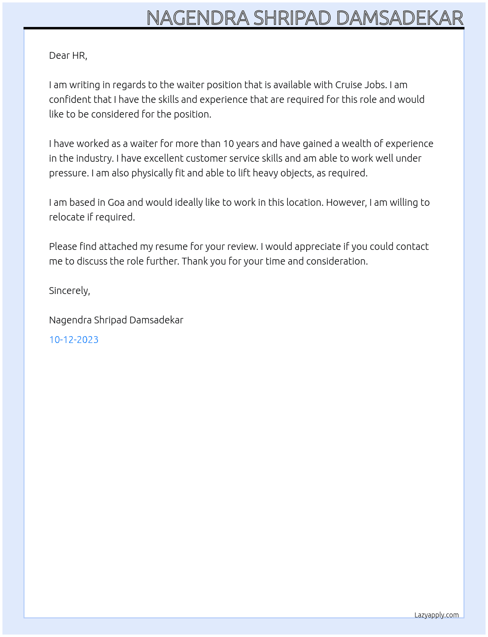 WAITER At CRUISE JOBS Cover Letter