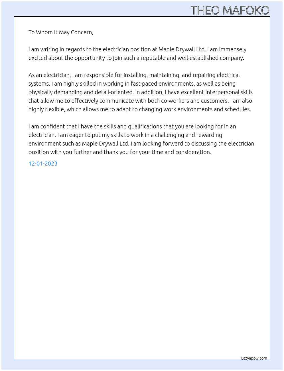 Electrician At Maple Drywall Ltd Cover Letter