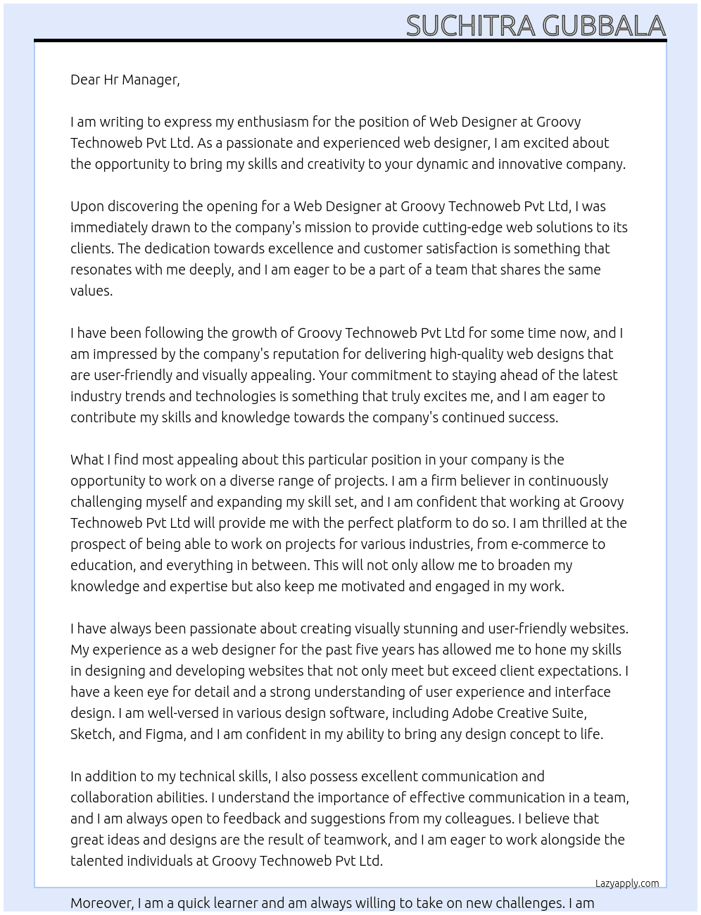 Web designer  At Groovy technoweb pvt ltd  Cover Letter