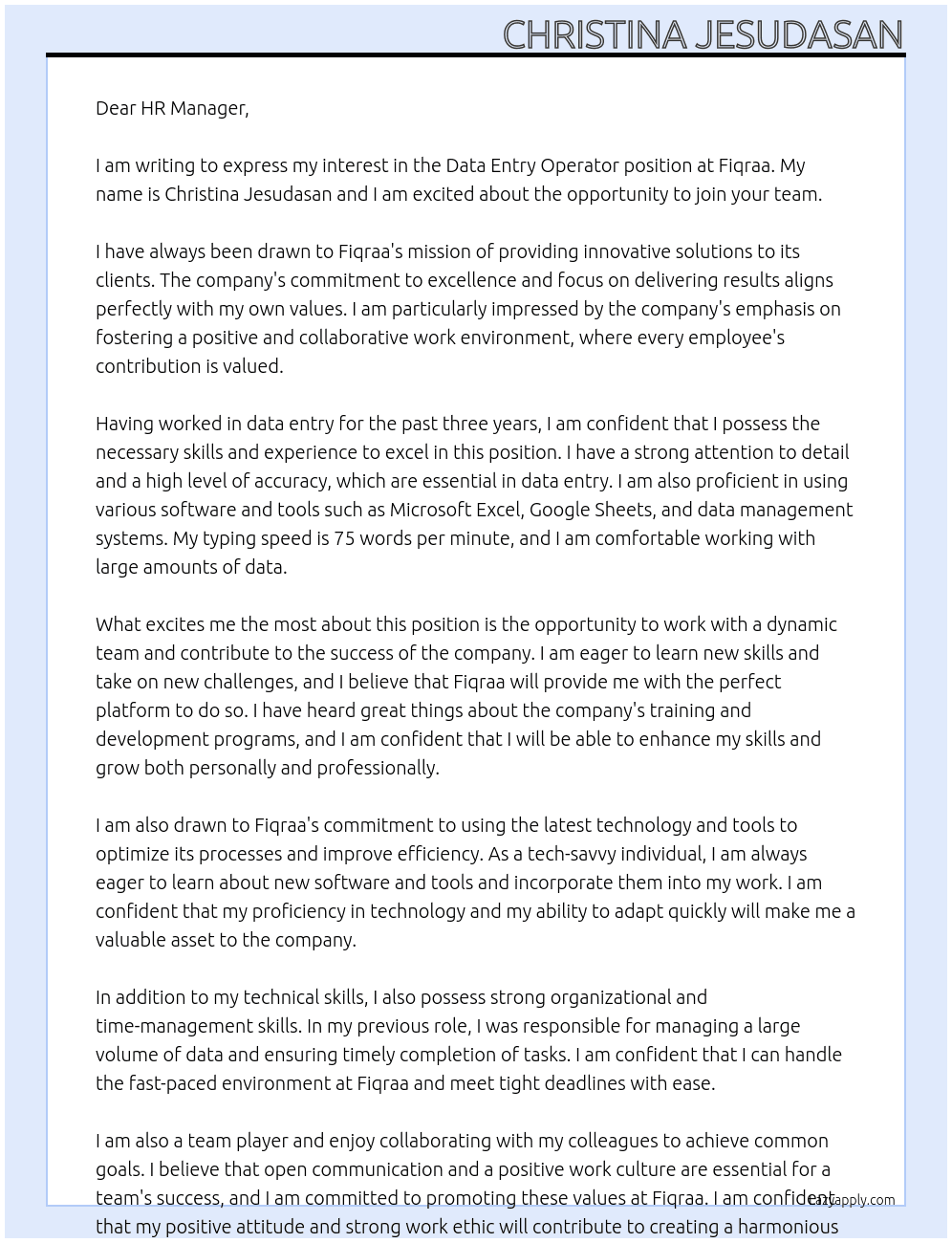 data entry operator At fiqraa Cover Letter