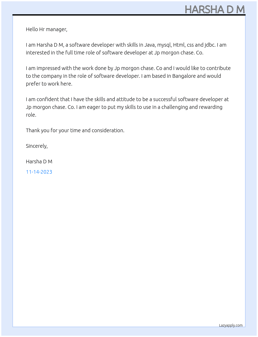 Software developer At Jp morgon chase. Co Cover Letter