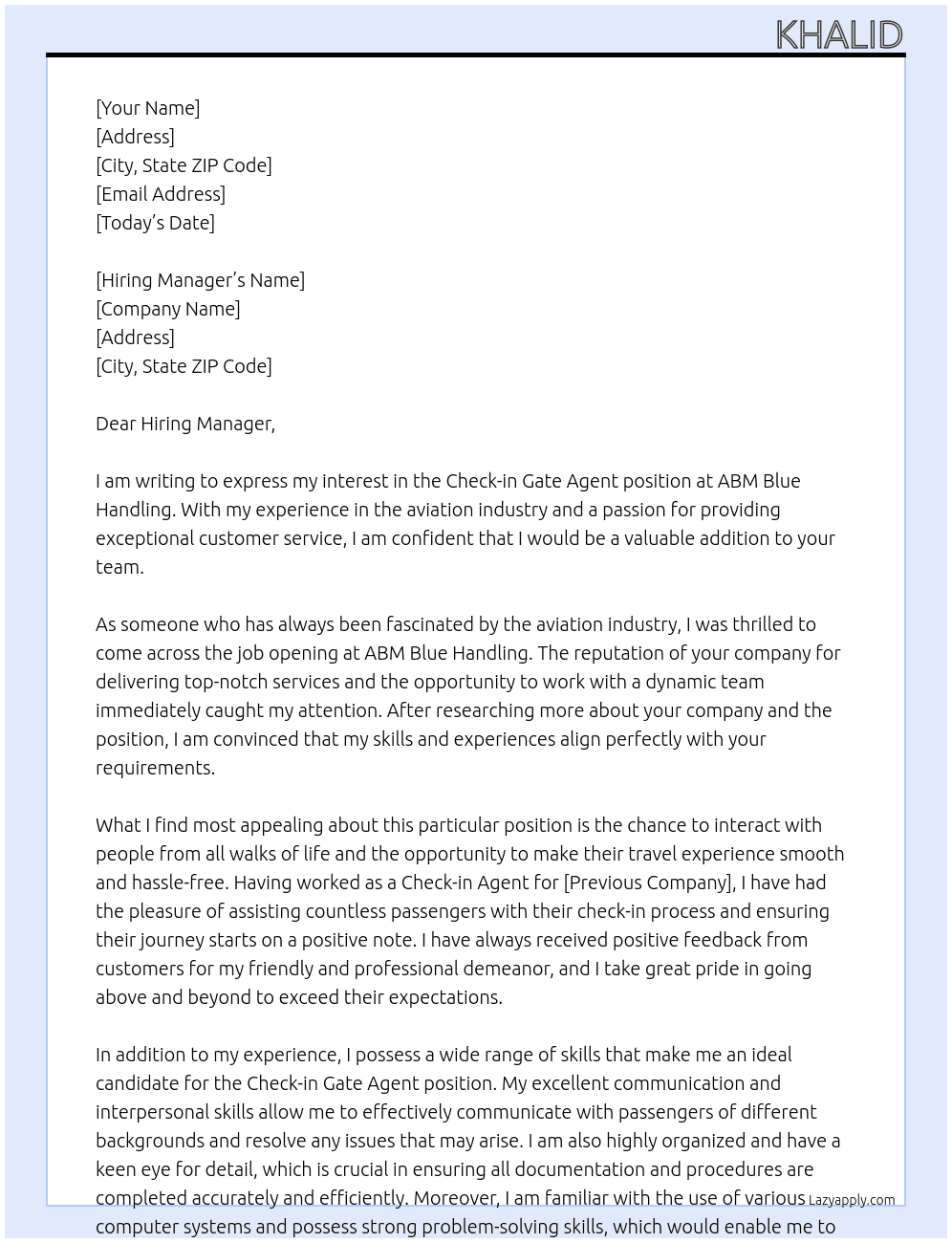 Check-in Gaent At ABM Blue Handling Cover Letter