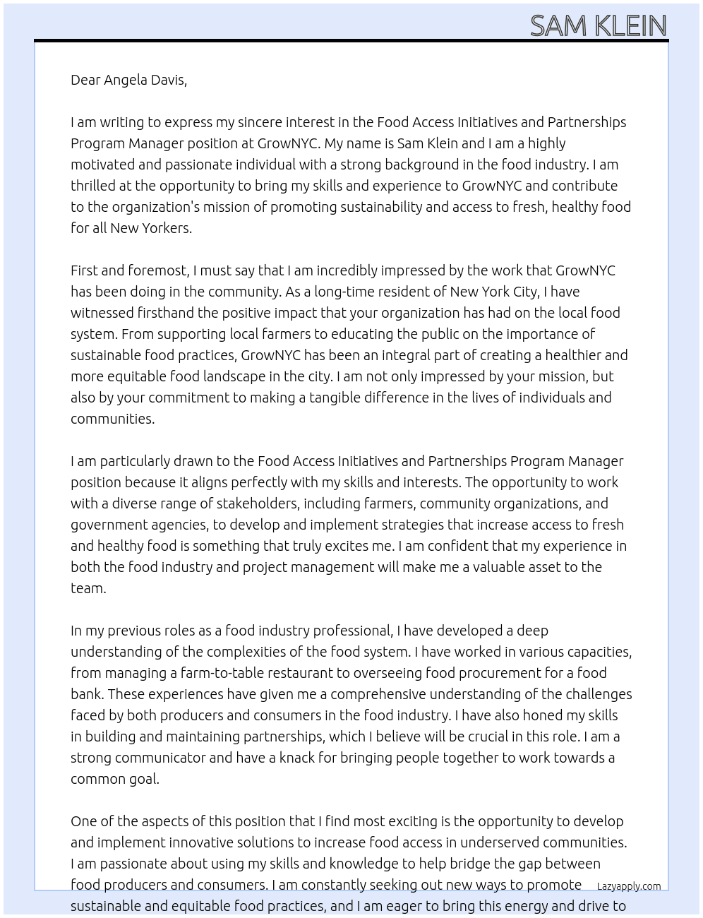 Food Access Initiatives and Partnerships Program Manager At GrowNYC Cover Letter