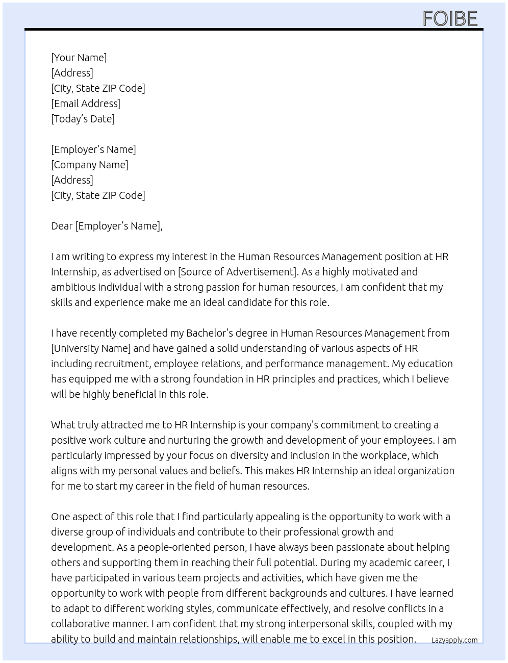 human recourses management At HR intership Cover Letter