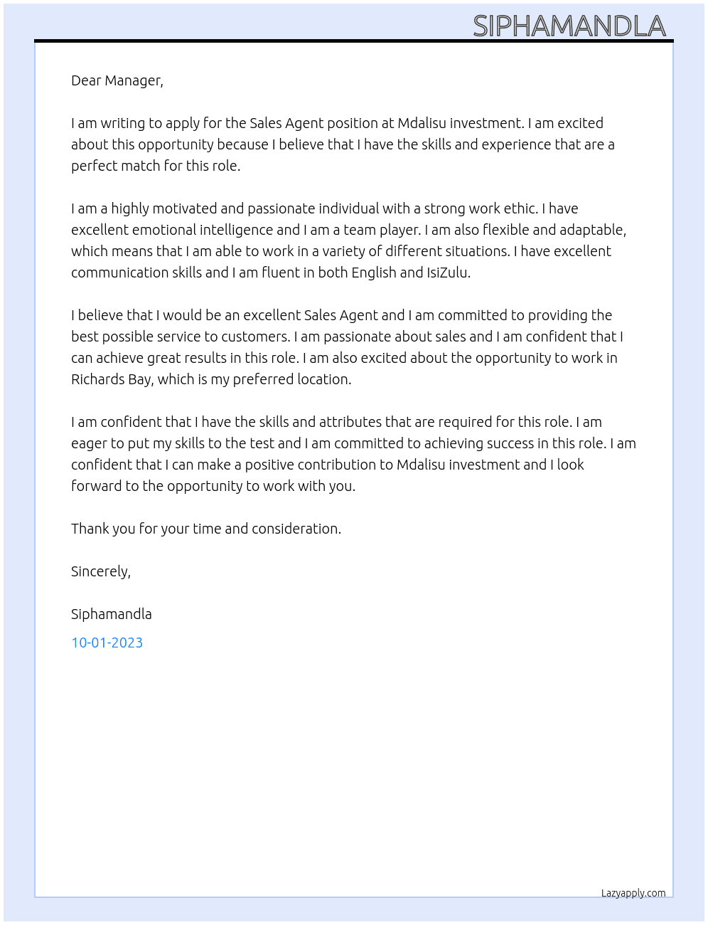 Sales Agent  At Mdalisu investment  Cover Letter