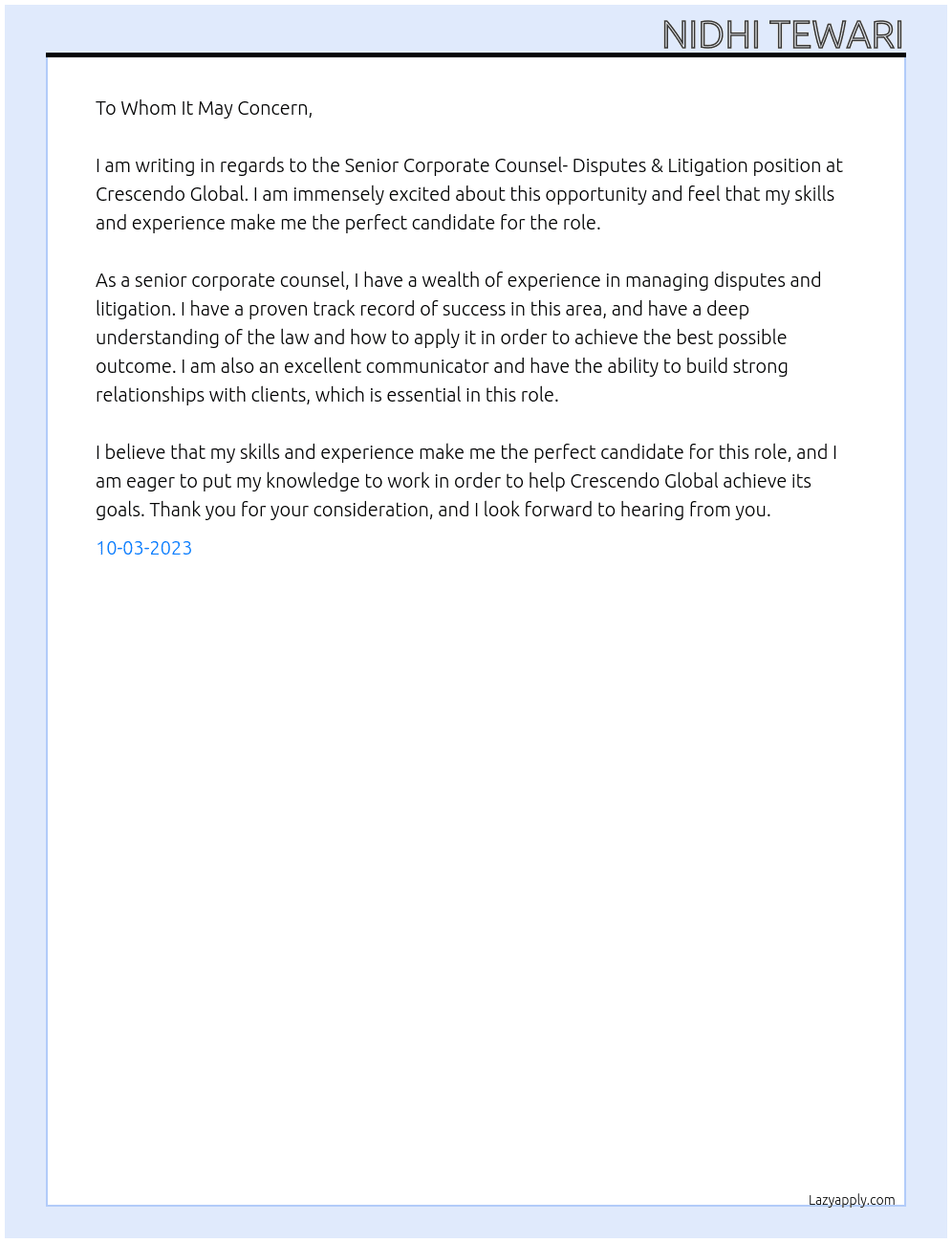 Senior Corporate Counsel- Disputes & Litigation At Crescendo Global Cover Letter
